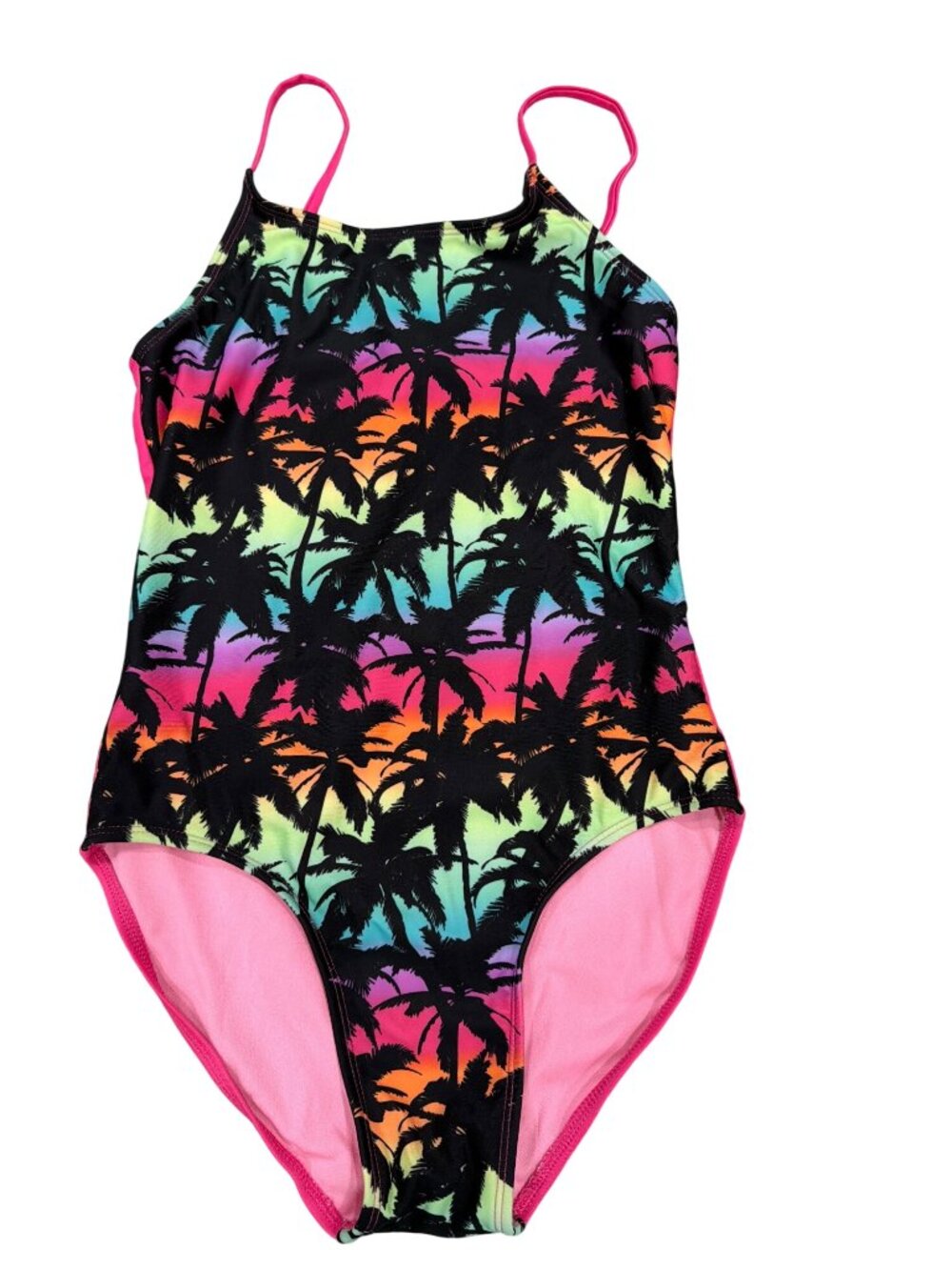 Art Class Girls XL 14 Pink & Tropical Palm Print One-Piece Swimsuit With Adjusta